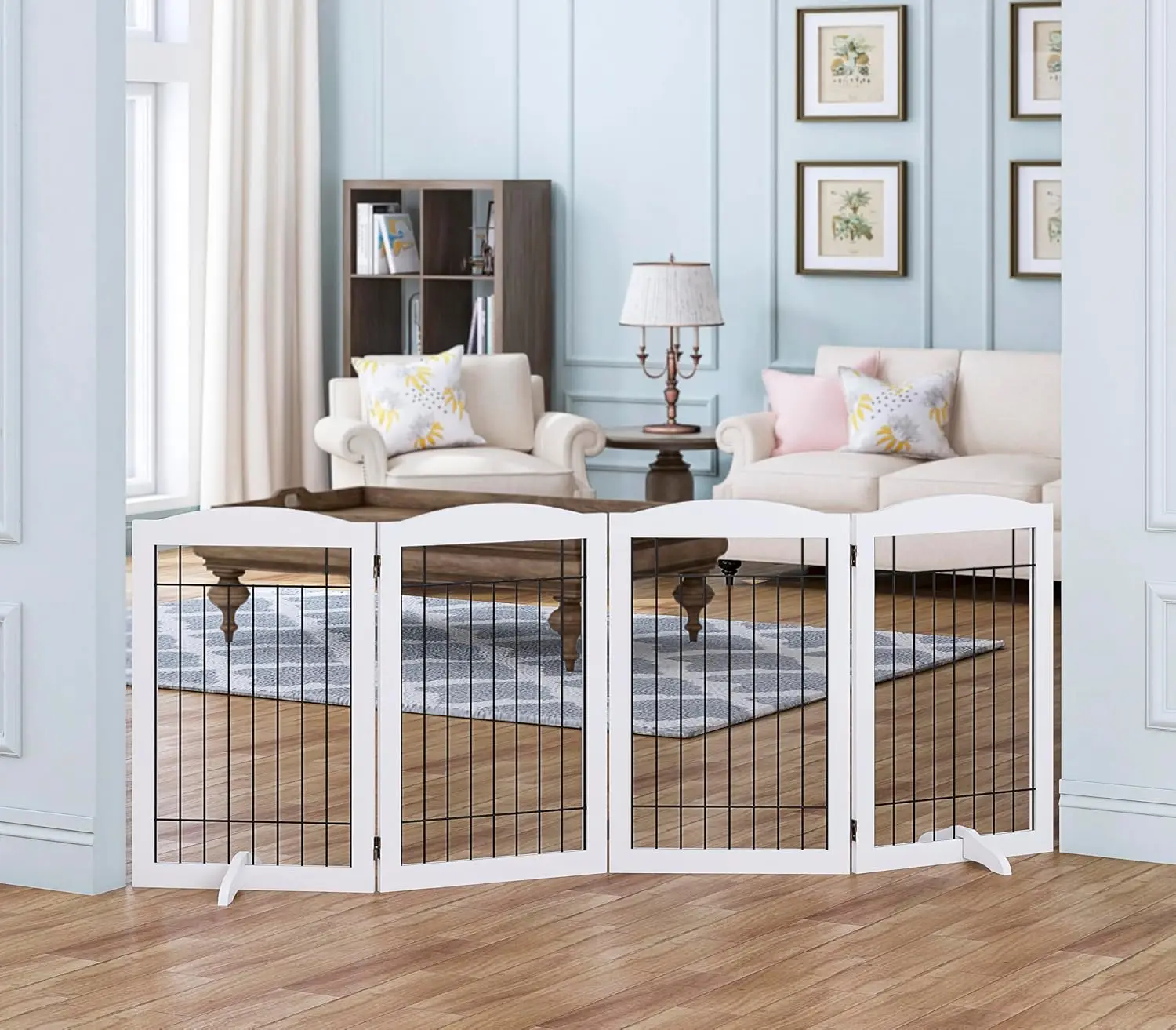 Free Standing Foldable Wire Pet Gate Dogs 80 Inches Extra Wide 30 Inches Tall 4 Panels House Doorway Stairs Puppy Safety Fence S