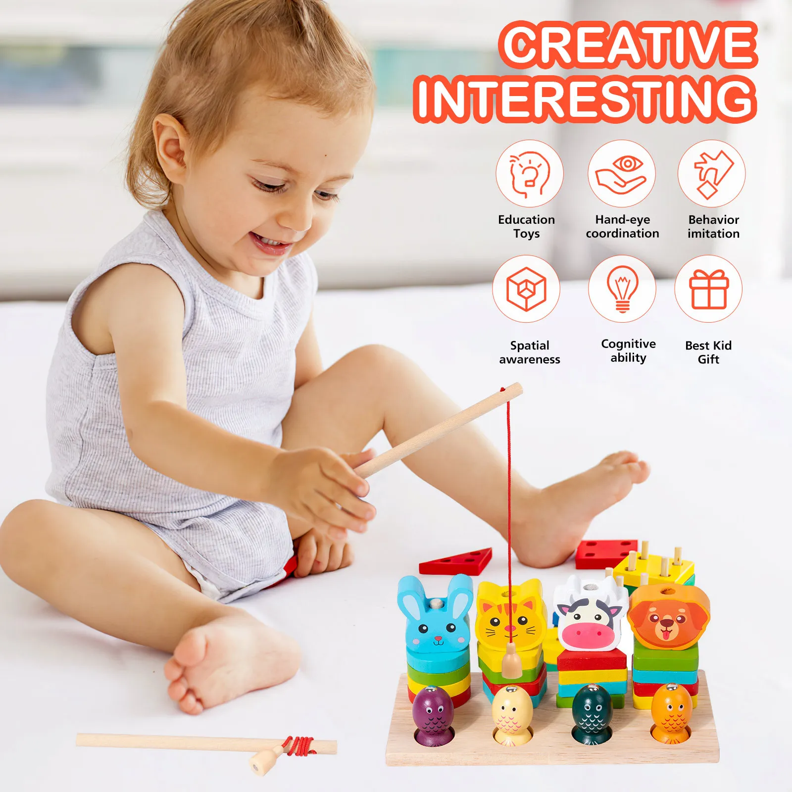 教育用磁気釣りゲーム 8 12個の木製ロッド付き 子供向け 楽しいインタラクティブなキャッチングプレイ学習玩具