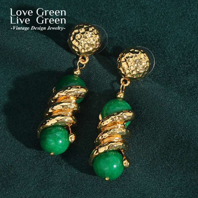 

Vintage Green Glaze Drop Earrings Gold Color Natural Long Designer Jewelry Luxury Brands Trend 2025 New For Women Accessories