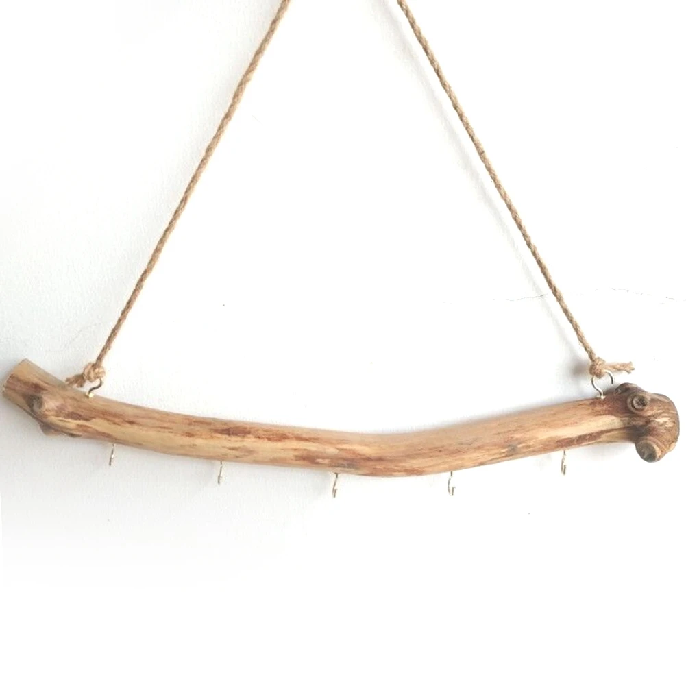 AEE6-2Pcs Natural Driftwood Decorative Branches Farmhouse Home Wall Hanging Decor Hanging Jewelry Organizers With 5 Hooks
