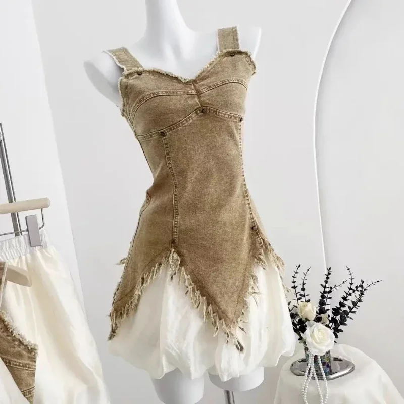 

2 Piece Sets Fashion Retro Tank Top Short Dresses Suit Summer Vintage Sets Y2k Women's Elegant Dresses Harajuku Korean Party