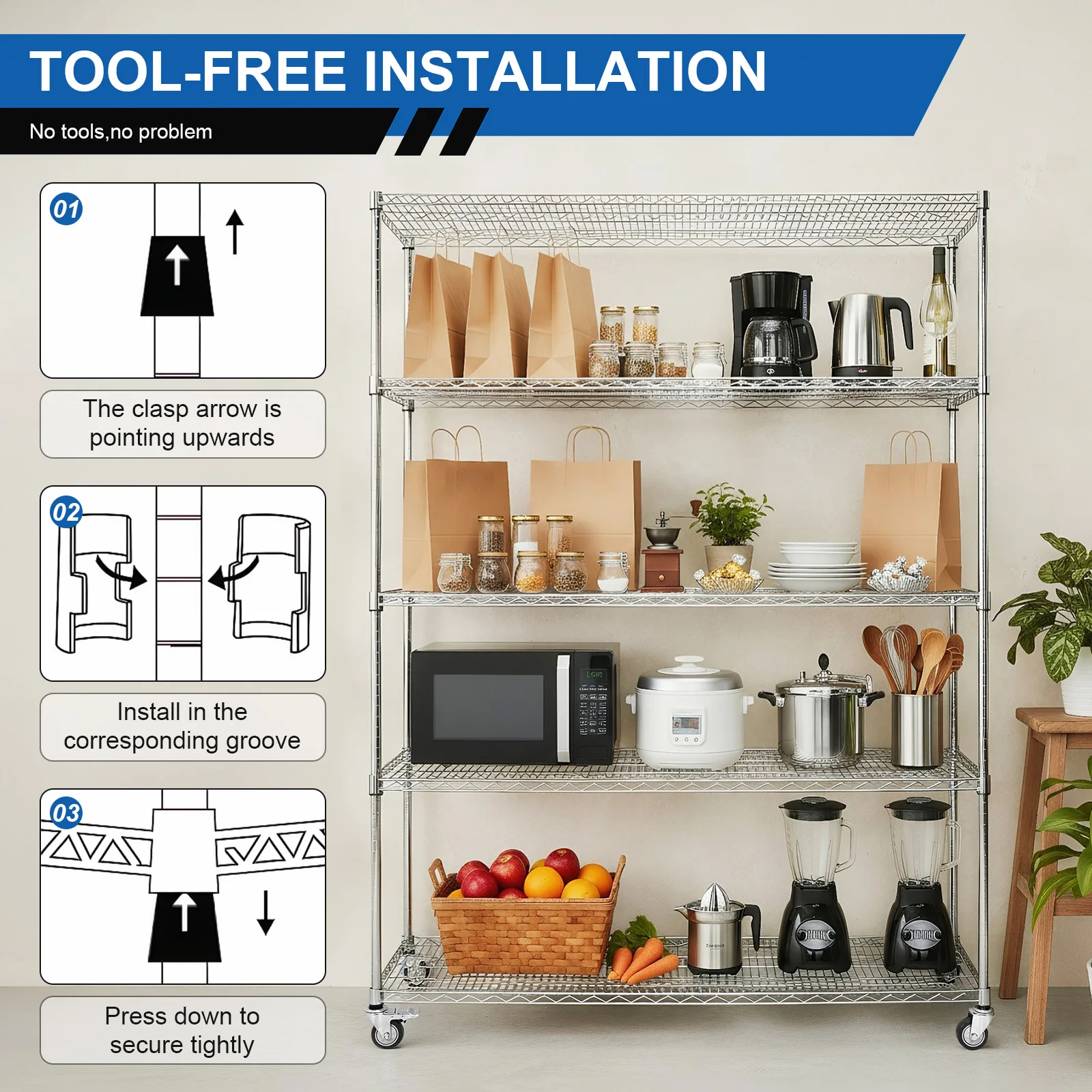 

5 Tier 7500lbs Capacity Metal NSF Shelf with Wheels & Shelf Liner Solid Steel Wire Rack for Pantry Garage Commercial Industrials