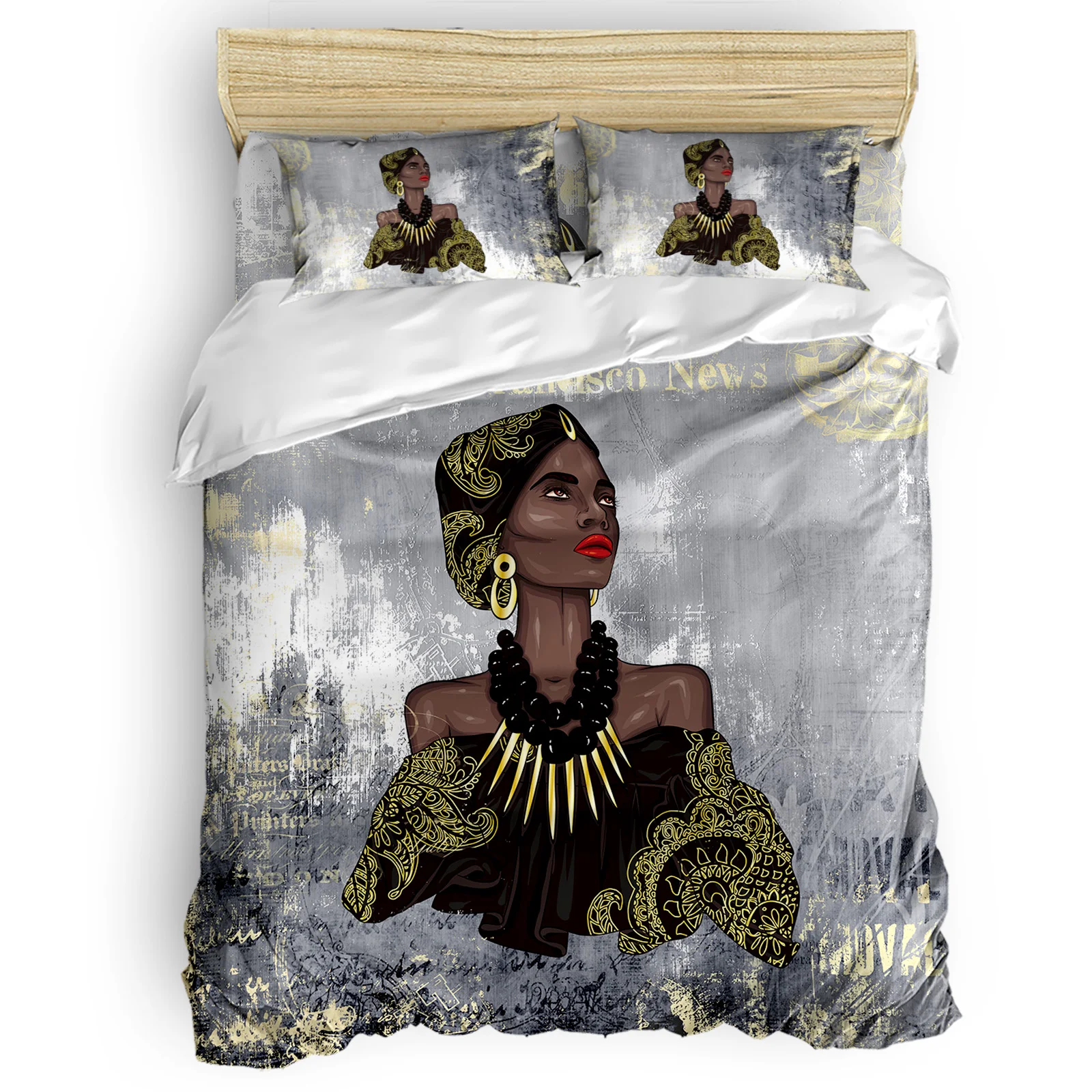 

African American Girl Gray Background Golden Paint Comfortable Household Goods Bedroom Bed Luxury Duvet Cover 2/3/4 Pieces