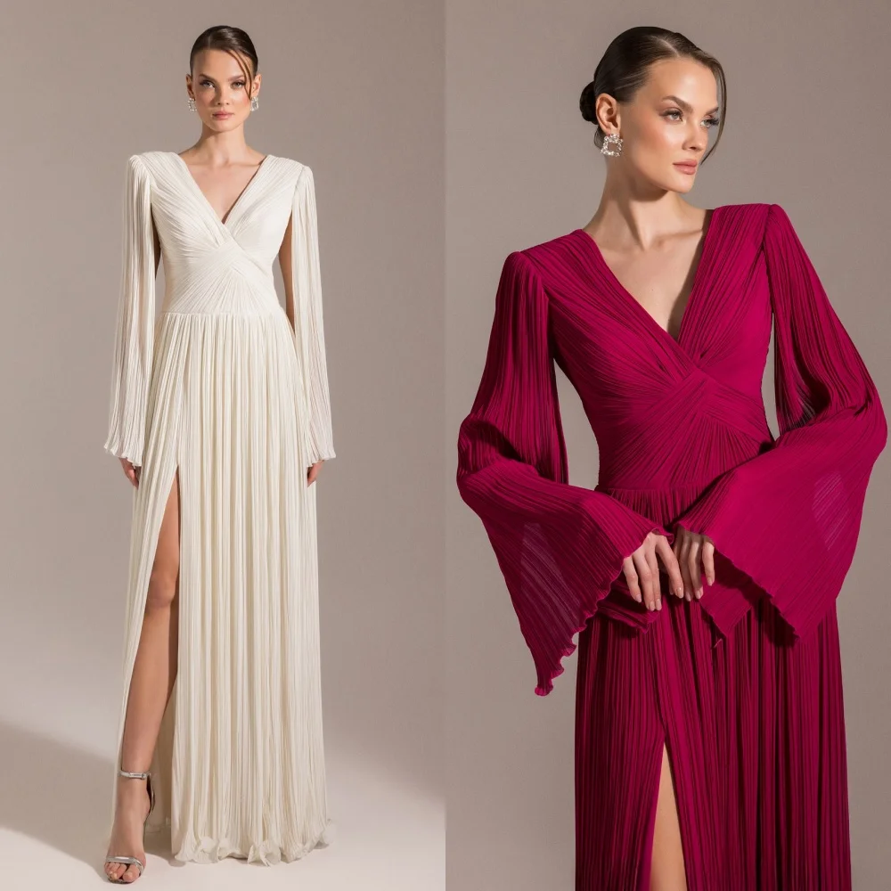 

Customized Exquisite Retro Chiffon Criss-Cross Draped Pleat A-line V-neck Long Dresses Bespoke Occasion Dresses Fashion Elegant