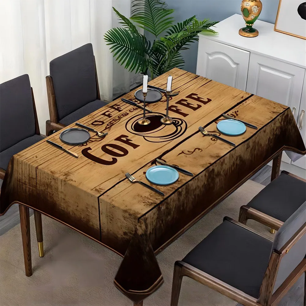 Retro wood-grain coffee pattern printed rectangular tablecloth, dining table cloth, coffee table cover fabric