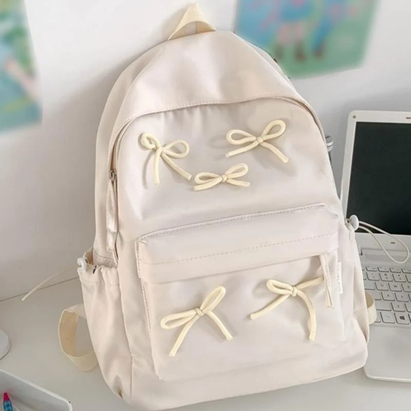 

F19F Lovely Bows Backpack Solid Color School Backpack Japanese Styles Laptop Backpack