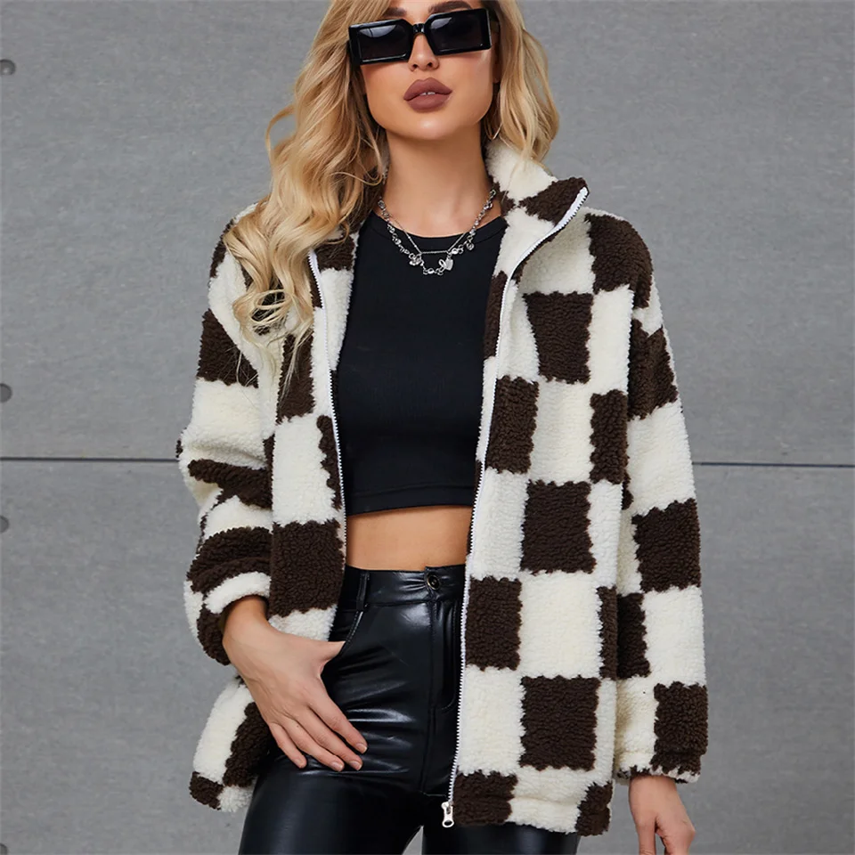 

Autumn and Winter Black White Square Plush Jacket Women's Casual Faux Fur Coat Standing Collar Outwears