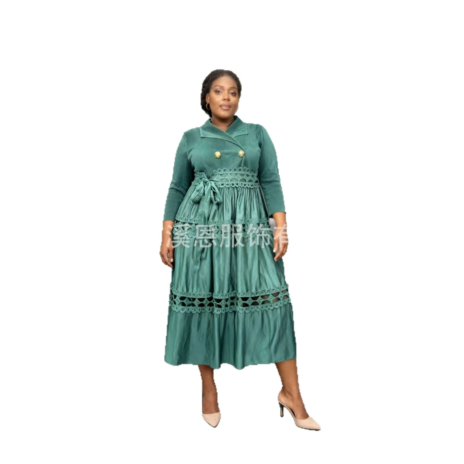 Miayke فساتين نسائية جديدة ذات ثنيات وياقة بدلة أنيقة وأكمام طويلة مرقعة من الدانتيل بخصر مجوف فساتين طويلة للتخسيس #5