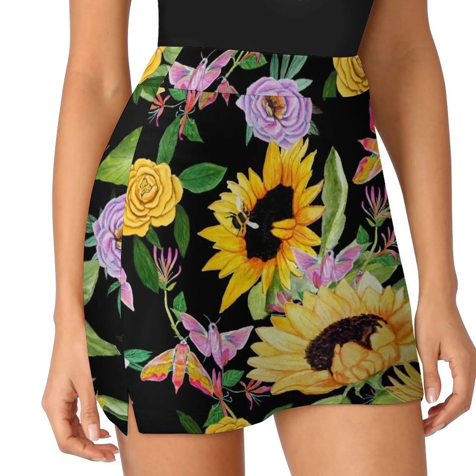 Honey bee , Sunflower , moth and peony in yellow, pink and lilac on black Mini Skirt 90s aesthetic Evening dresses