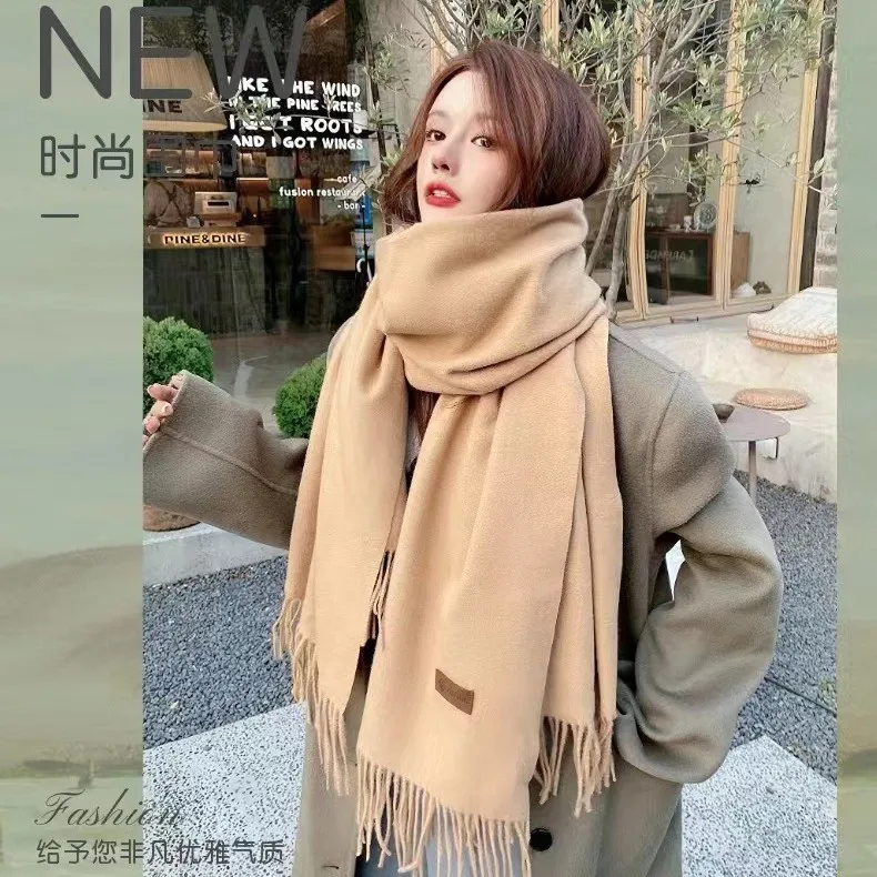 

Сплошной цвет, зимний утолщенный кашемировый шарф для женщин, большая зимняя теплая шаль, женский элегантный шарф с кисточкой