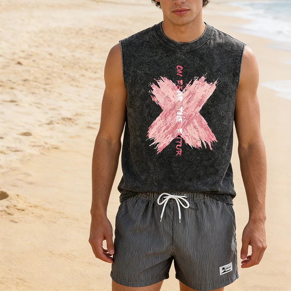 

Men's Retro Washed Tank Top & Pinstripe Swimming Shorts Two Piece Set Pink "X" Print Casual Gym Fitness Beach Board Shorts