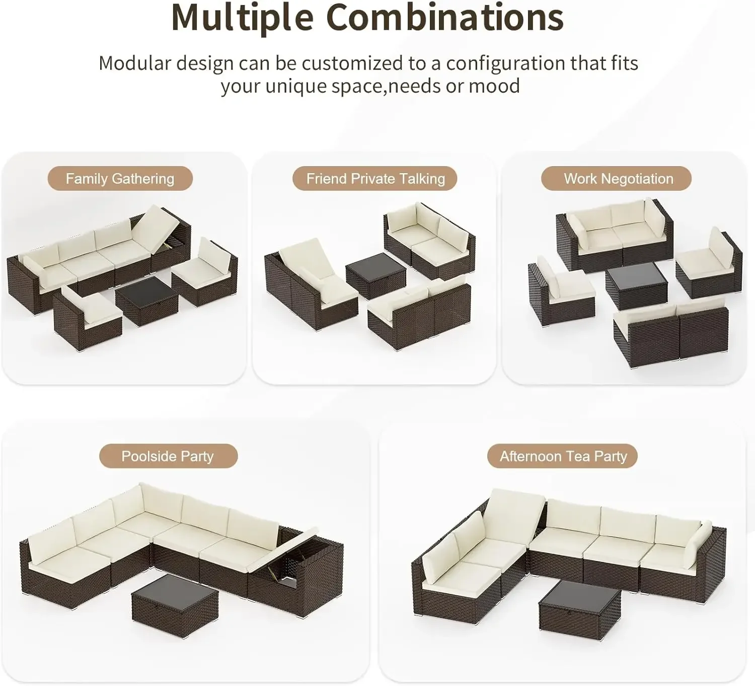 Conjunto de móveis, seccional externo modular, sofá secional de vime para pátio, mesa de centro de armazenamento e sofá de canto ajustável para varanda