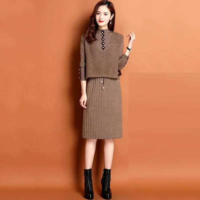 2023 Autumn Winter New Casual Two Pieces Dresses Thicken Fashion Hollow Vest Dresses Sets Long Sleeved Fashion Dresses