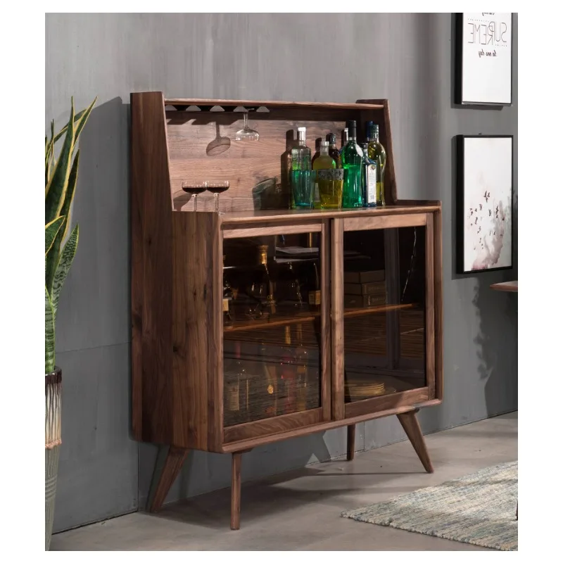 Nordic all-black walnut solid wood glass side cabinet wine cabinet, multi-functional storage small apartment furniture can hang