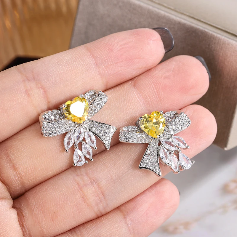 أقراط مطلية بالفضة للنساء ، مجوهرات فاخرة ، زركون ، هدية ذكرى سنوية أنيقة ، AAAA ، صفراء لامعة