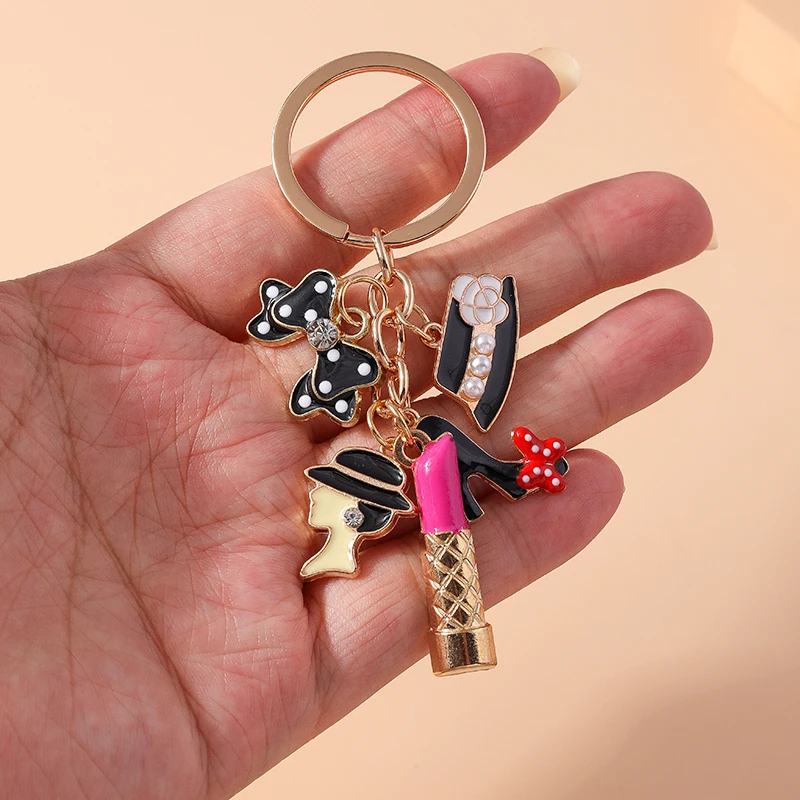 Fashion Women Makeup Keychain Enamel Lipstick High Heels Pendant Keyrings for Women Men Car Key Handbag Hanging Key Chains Gifts