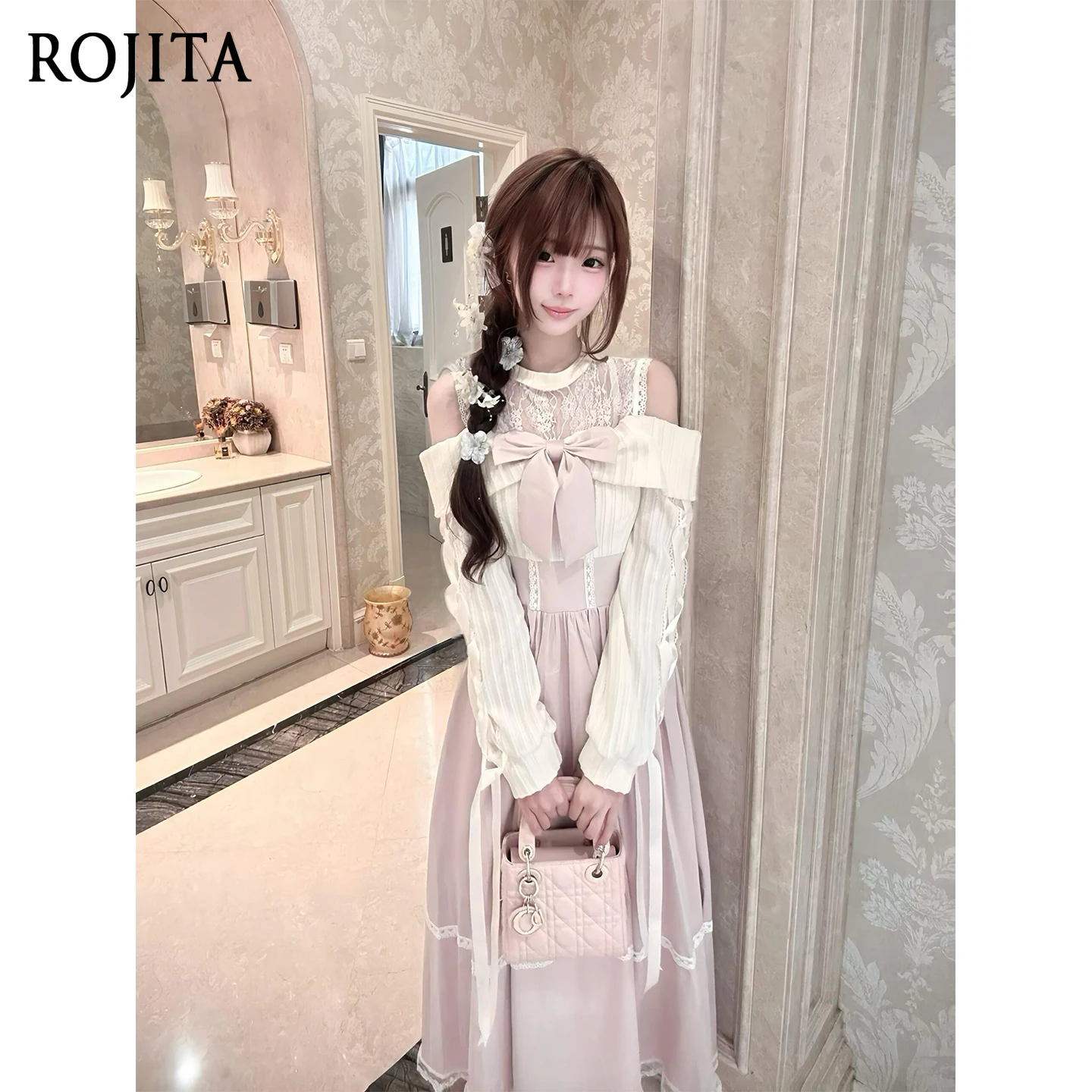 

Элегантное и нежное светло-розовое длинное платье в стиле пэчворк с открытыми плечами, милой кружевной отделкой и завязками для женщин, новинка 2023 года