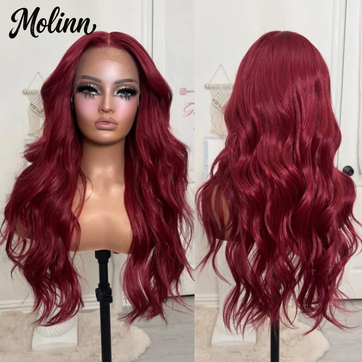 

Бордовый длинный парик с волнистыми волосами и кружевной передней частью 13x4 HD, термостойкий, без клея, предварительно прорезанный, синтетический, высокого качества, для косплея