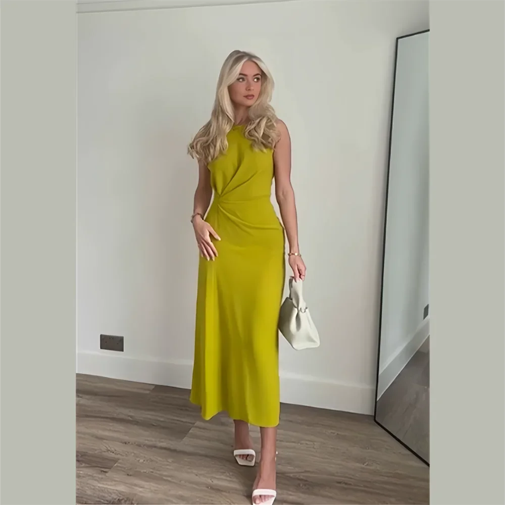 Women\'s Elegant Mustard Side Gathering Round Neck Back Zip Sleeveless Midi Dress Ruffle Dress Yellow Sleeveless Tank Dress