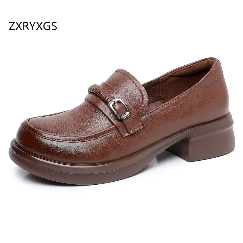 

ZXRYXGS British Style Round Toe Premium Cowhide Leather Shoes 2025 Temperament Elegant Shoes Comfortable Thick Mid Heels Tide
