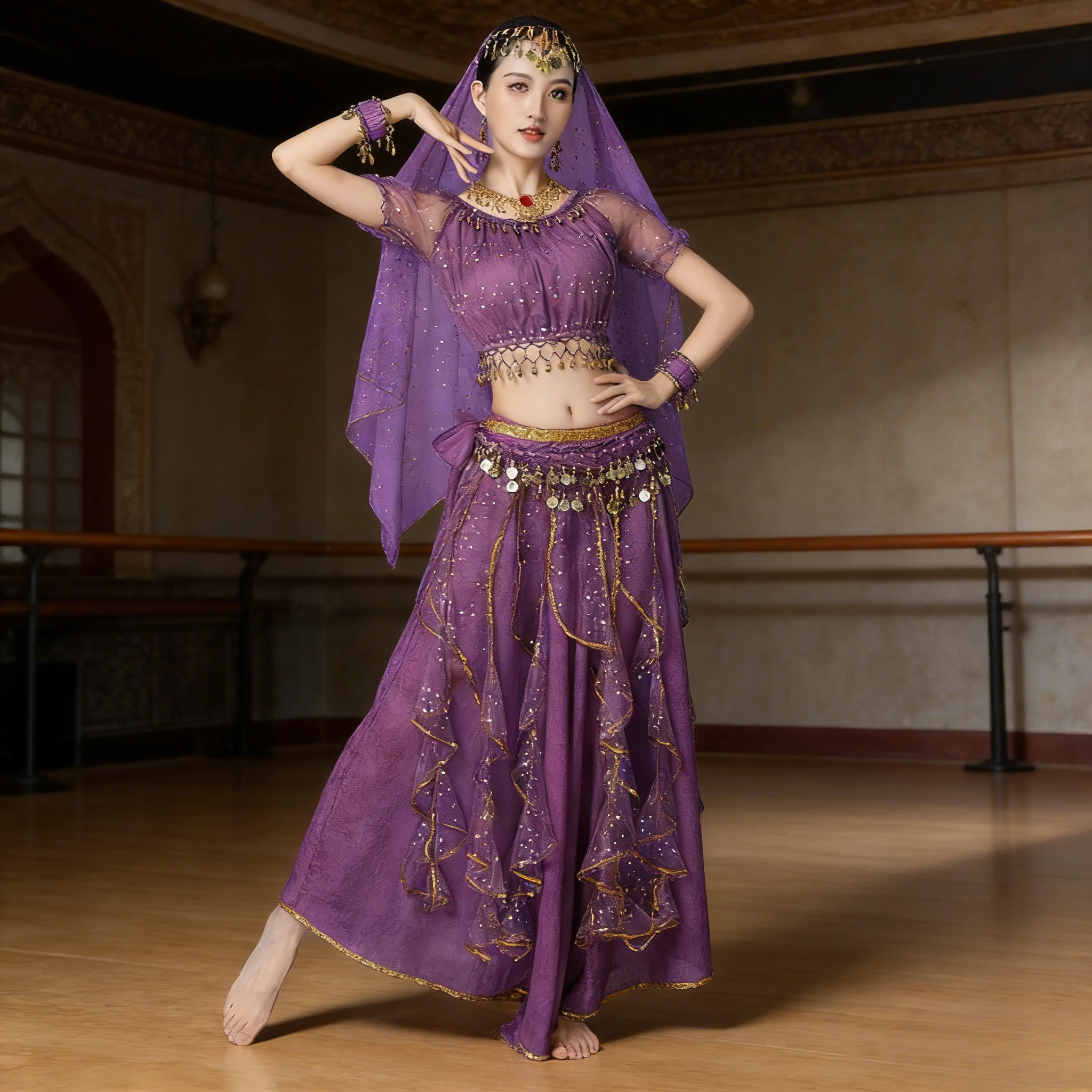 

Костюм для индийских танцев для взрослых женщин, наряд для танца живота в стиле Синьцзян, комплект для выступлений с коротким рукавом и длинной юбкой, этнический костюм для выступлений