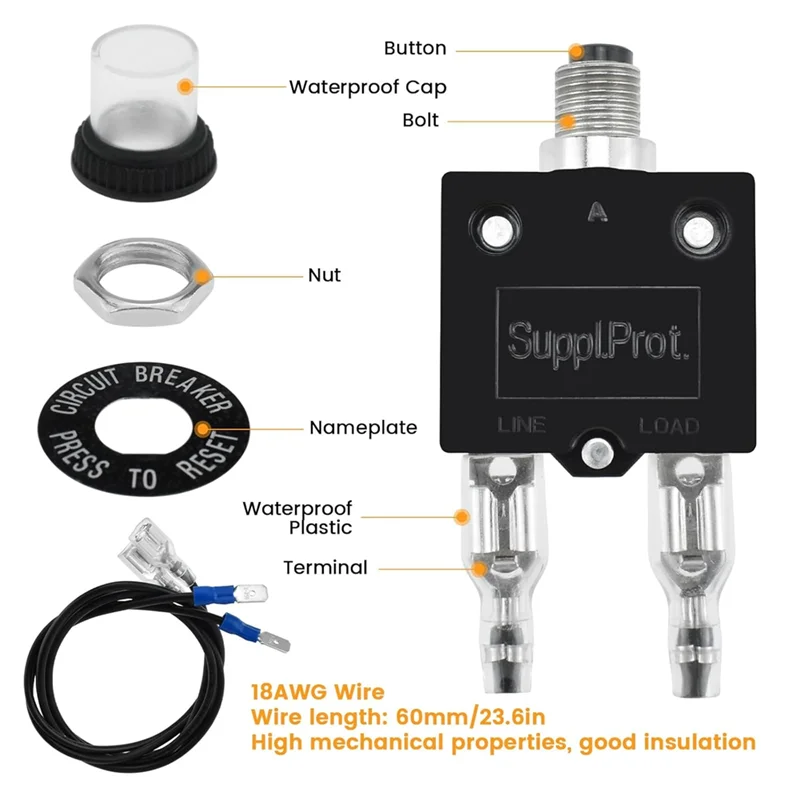 3 أمبير و 5 أمبير زر الضغط دليل إعادة تعيين قطاع دارة رحلة السيارات قطاع دارة الحرارية 18AWG الأسلاك وغطاء مقاوم للماء-AS97