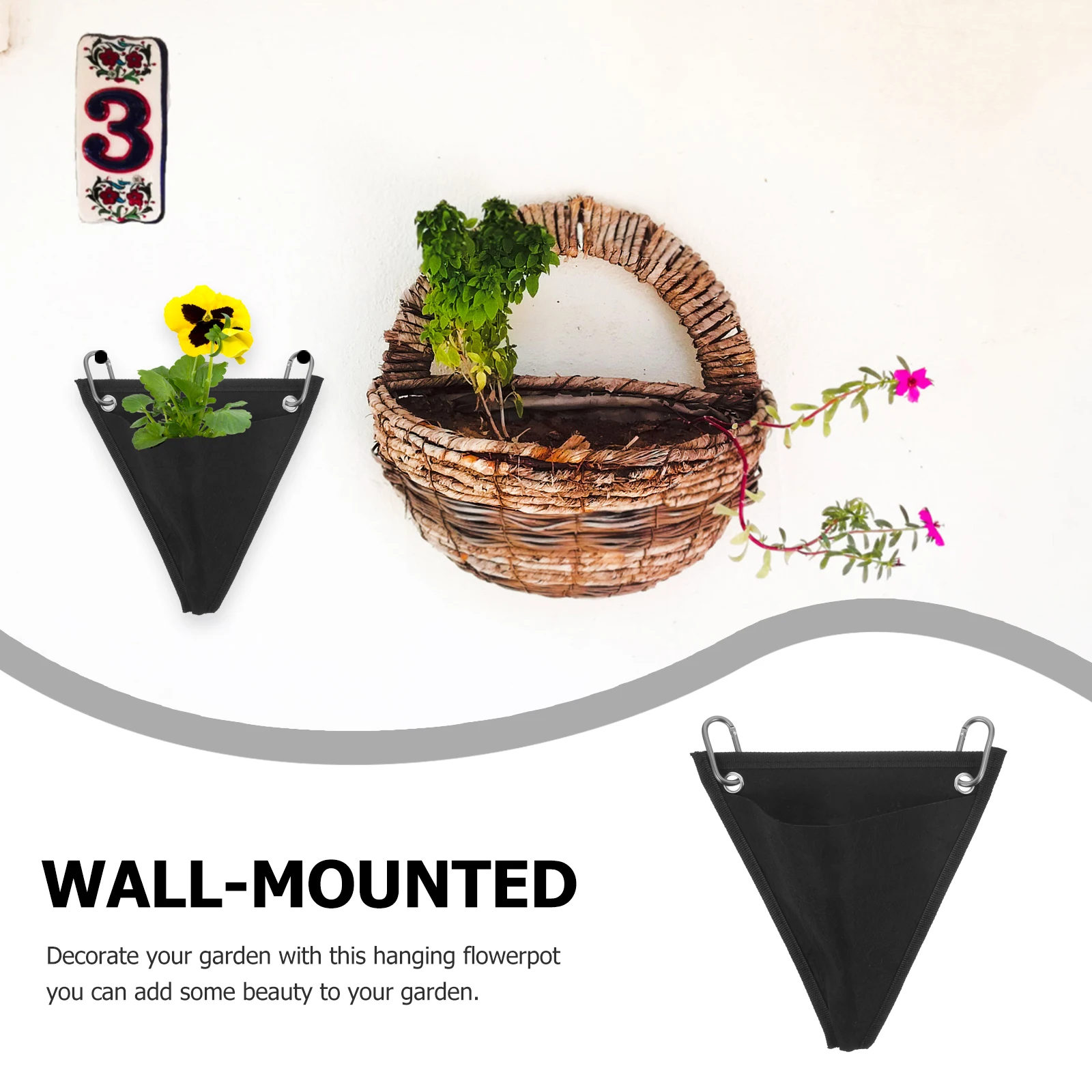 

1 set Wall Hanging Flower Pot Black Planter with Hooks Non-woven Grow Bags Plant Nursery Pouch Succulent Container Garden Decor