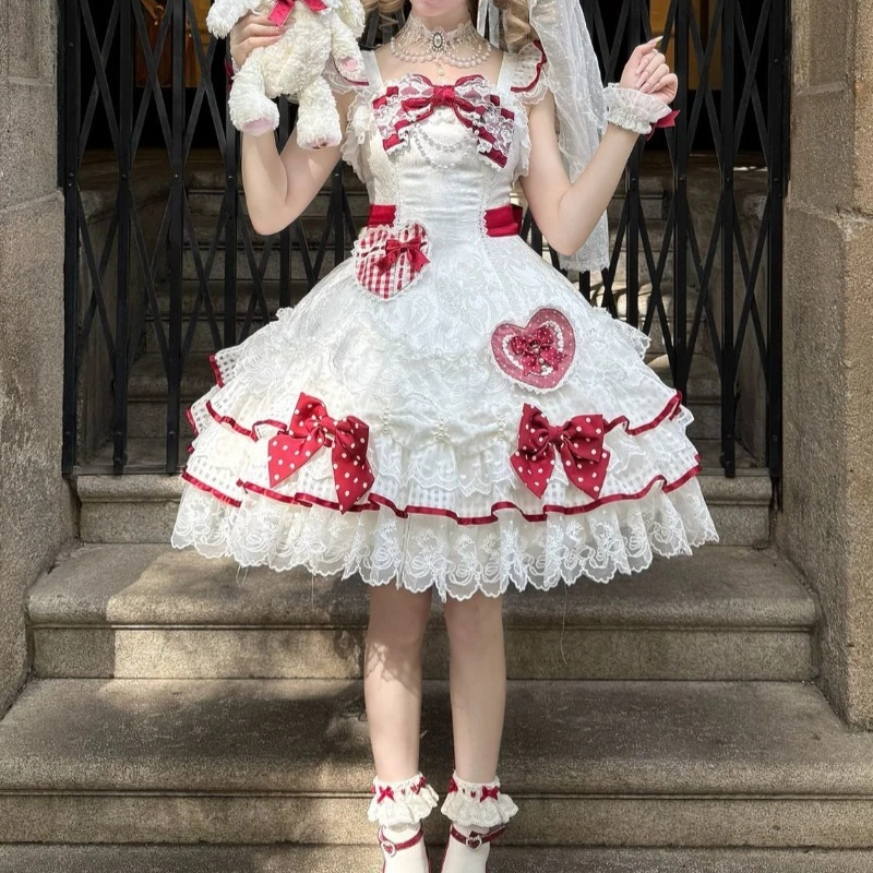 

Original New Arrival Polka Dot Love Letter White Tea Girl Lolita JSK Suspender Dress Sweet Kawaii Dress for Women