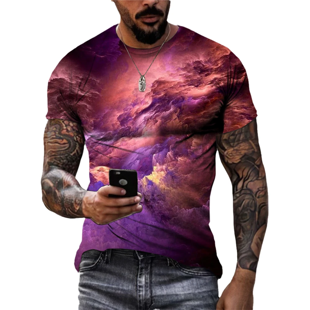 Summer New Men's Auspicious Cloud Pattern T-shirt Personality Fashion Casual Handsome Top Street Hip-Hop Trend Short Sleeve Tees