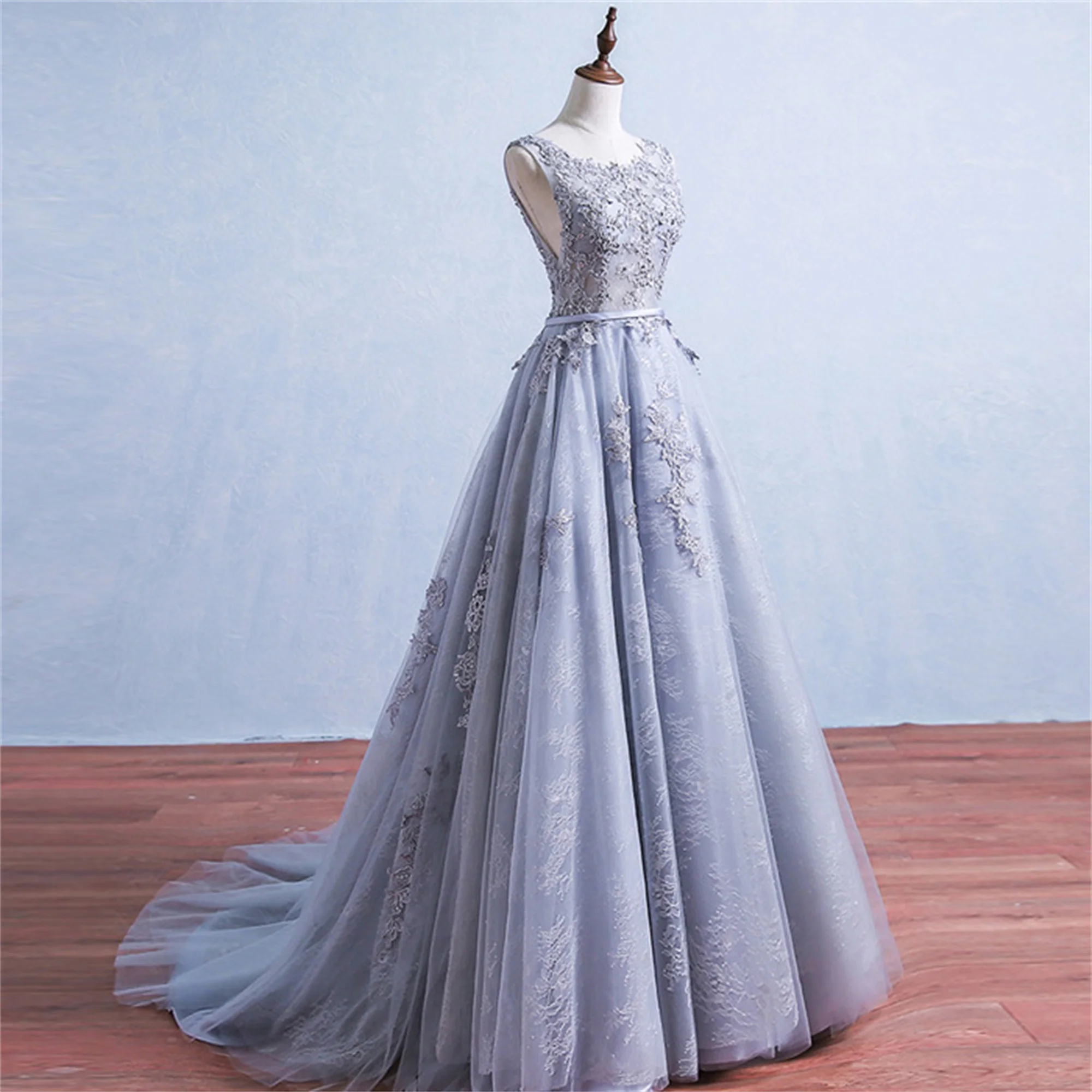 فساتين سهرة JEHETH رمادية على شكل حرف a من التل مزينة بالدانتيل أنيقة للحفلات الراقصة رداء حفلات الزفاف على الشاطئ ضيف رسمي فيستدو دي فييستا