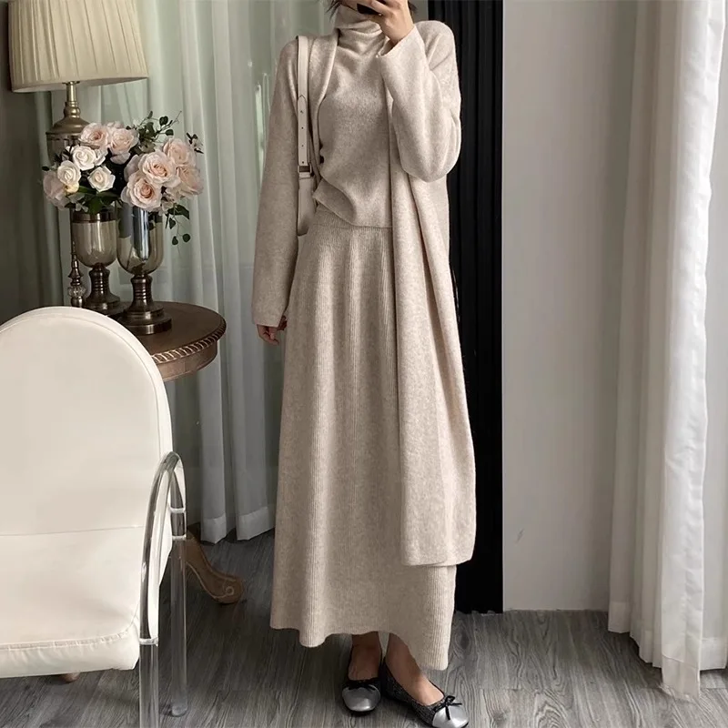 

Женские комплекты платьев из трех предметов, однотонный комплект, вязаный жилет, пальто с отложным воротником, платье до щиколотки, свободное платье 202, осень-зима