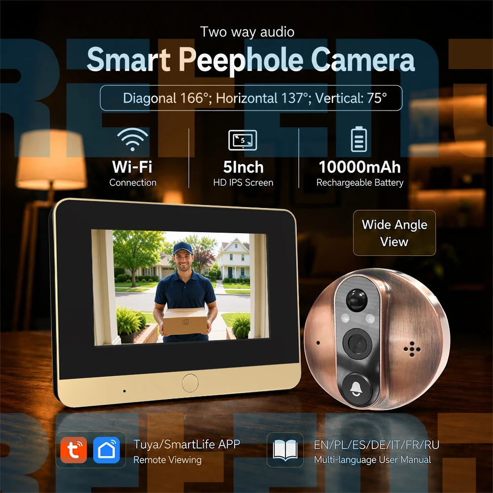 

2MP WiFi Tuya SmartLife Peephole Door Eye Camera 10000mAh Battery PIR Detect IR Digital Viewer Wired Connect with 5Inch Monitor