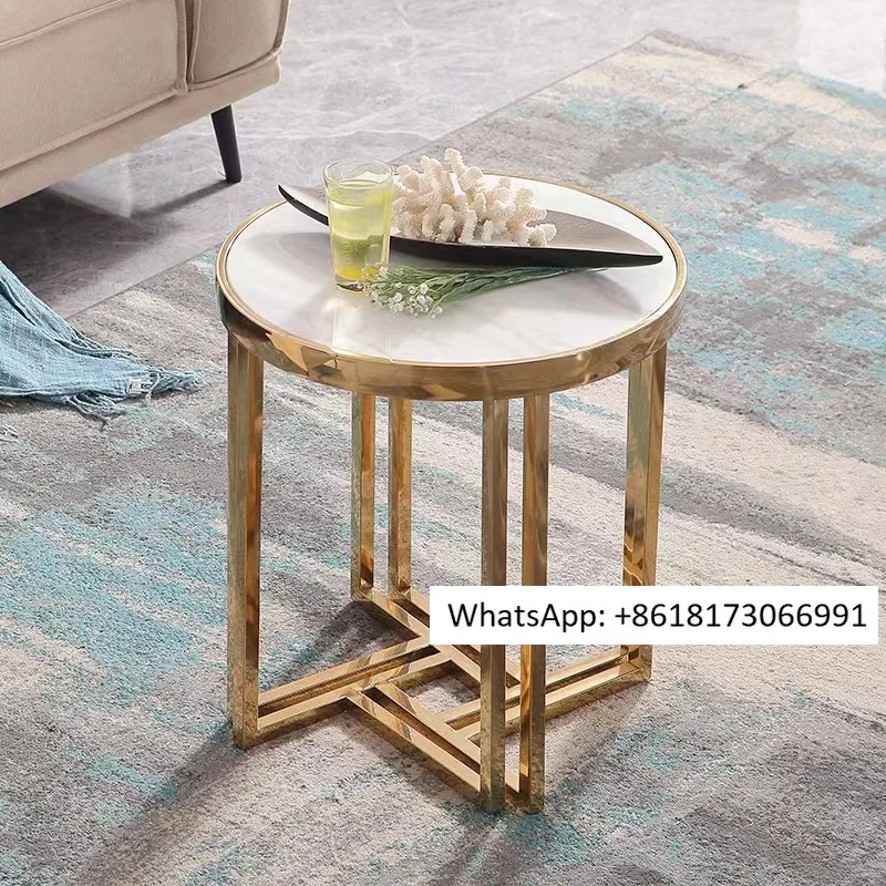 Golden stainless steel corner table modern minimalist side table tempered glass marble small apartment living room round