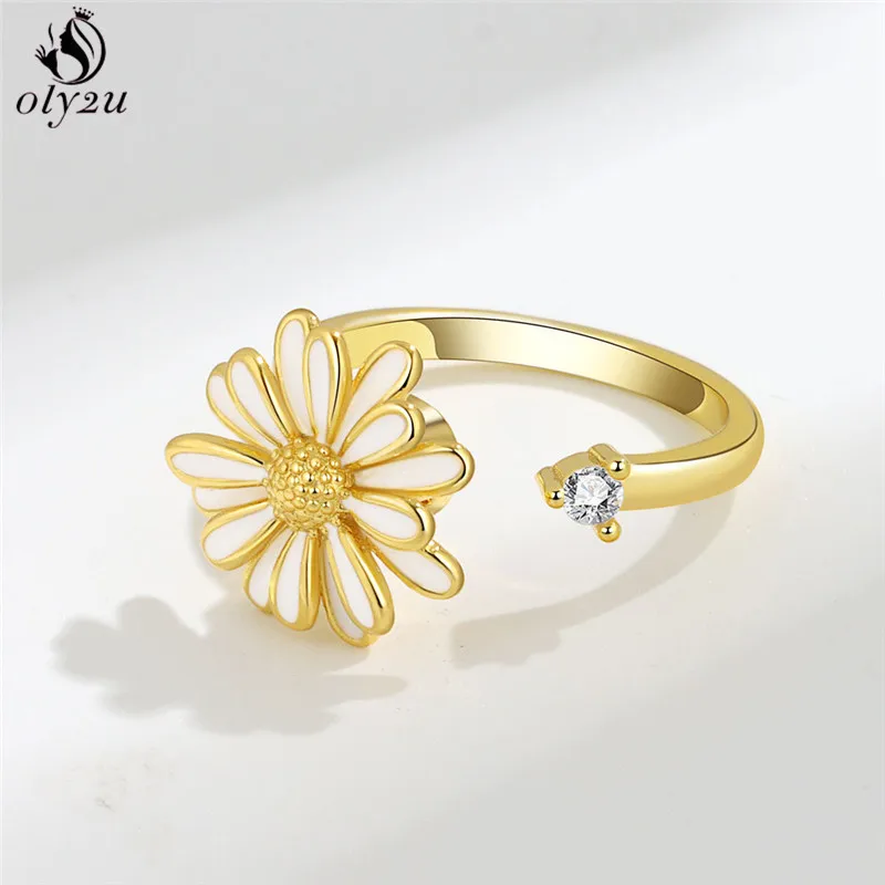 Rotate Freely Anxiety Rings For Women Luxury Daisy Flower Charm Fidget Spinner Ring Summer Design Anti Stress Toy Girls Gifts