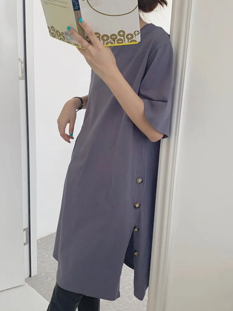 Japonais paresseux Sle bouton T-shirt femmes Faion Simple décontracté ample mi-long Dr Version coréenne couleur Pure mélange de coton