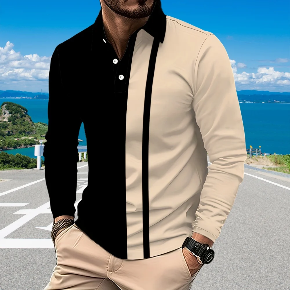 

Fashion Color Block Stripe Men's Polo Shirt Autumn Outdoor Street Casual Comfortable Tops Loose Lapel Button Long Sleeve Clothes