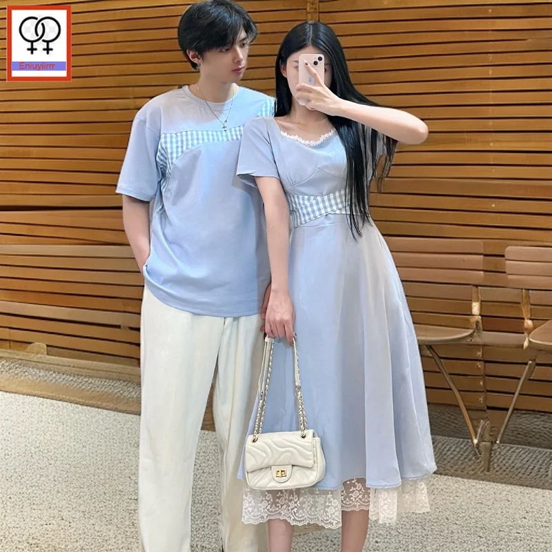 Matching Couple Clothes Outfits Male Female Lovers Holiday Valentine's Date Honeymoon Retro Vintage Cotton Plaid T-Shirt Dress