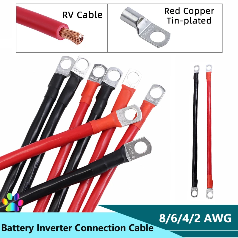 8/6/4/2 AWG Battery Inverter Connection Cable Set with M8 SC Terminals 10/16/25/35mm2 UPS Wire Red Copper Core Tin-plated Lug