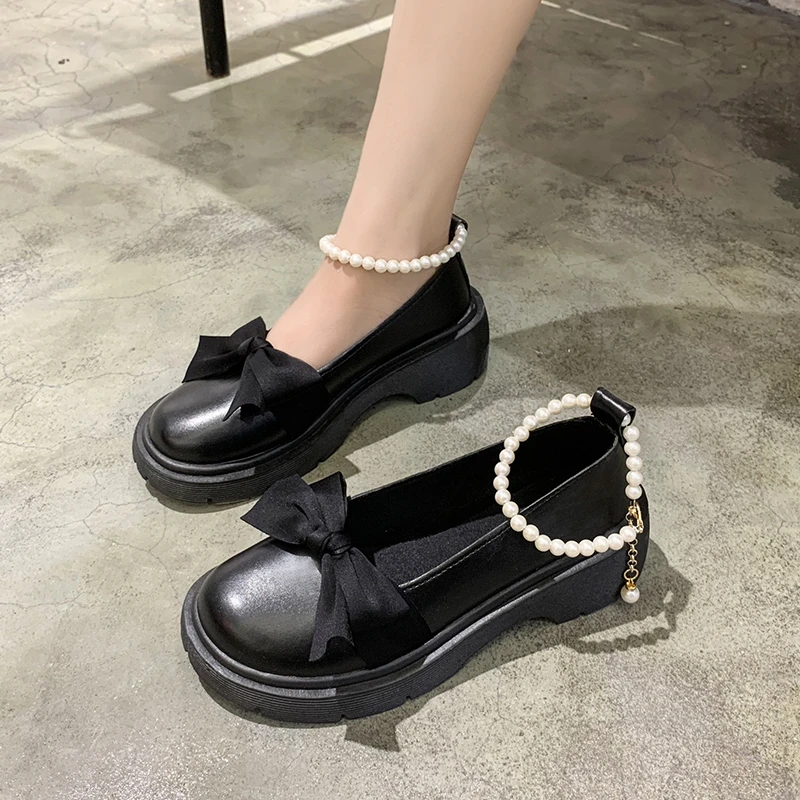 Fashion Mary Jane Shoes Women 2024 Spring/summer New Pearl Bow Single Shoe Chunky Heel Small Leather Shoes