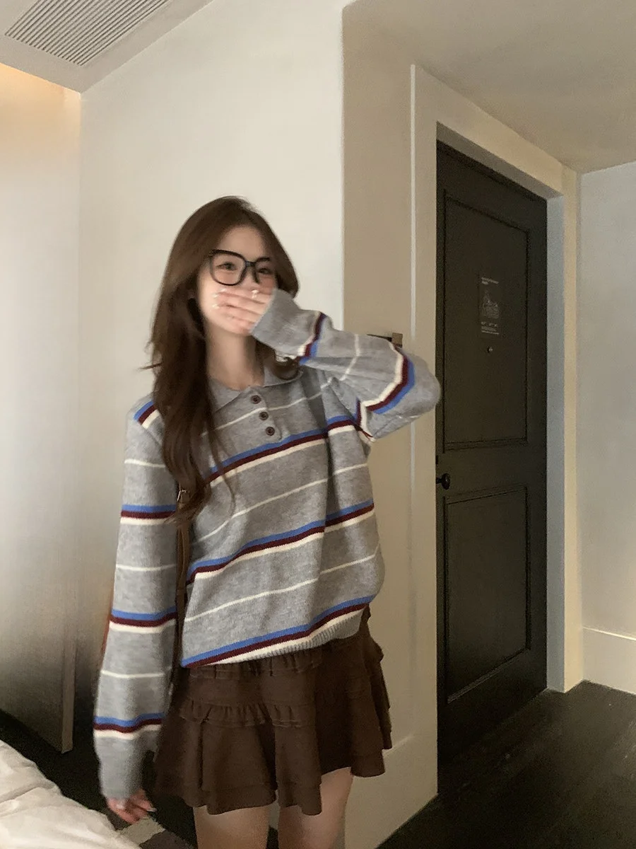 

Sinbounboun Vintage Preppy Stripe Ne Knitwear Women's Casual Loose Long Sve Sweater Autumn Winter Faion