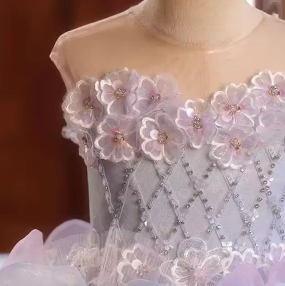 

Luxury Lilac Crystal Handmade Flowers Girl Dress Arab Beading Kids Princess Wedding Birthday Party Pageant Gown