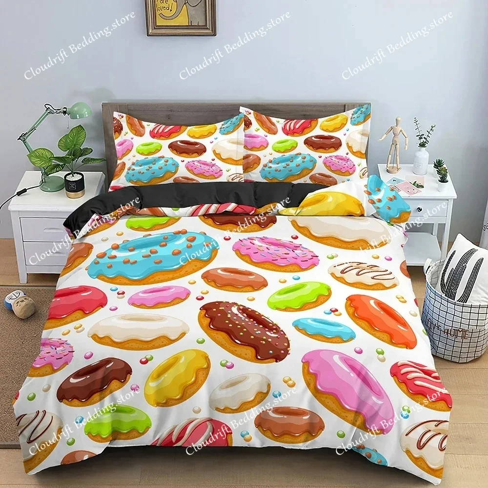 Colorful Donut King Size Duvet Cover Cartoon Sweet Chocolate Dessert Bedding Set for Kids Girl Food Polyester Quilt Cover