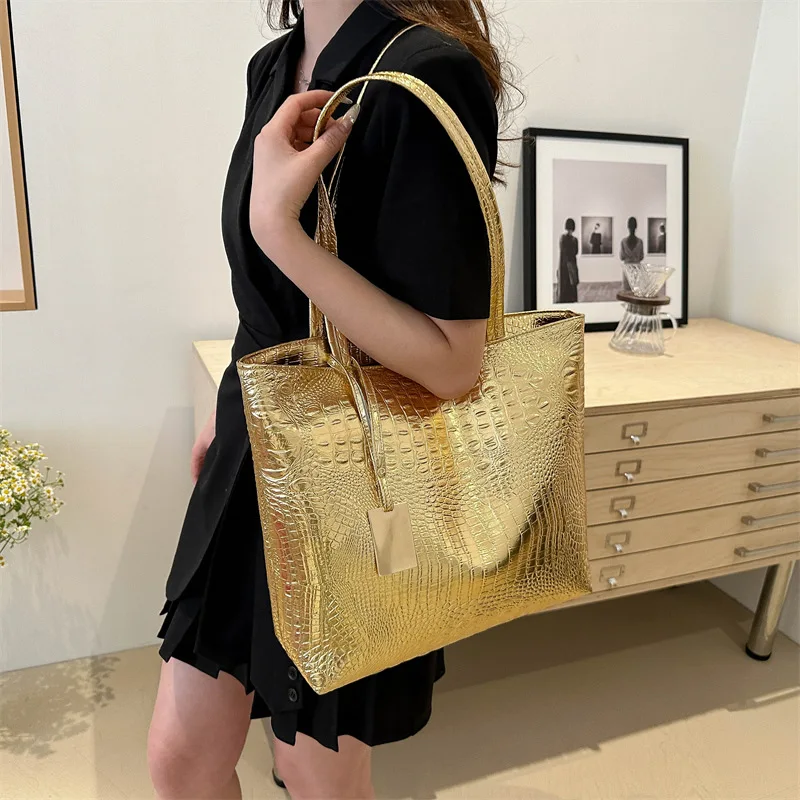 

New Casual Fashion Women Shoulder Bags Silver Gold Black Crocodile Handbag PU Leather Female Big Tote Bag Ladies Hand Bags Sac