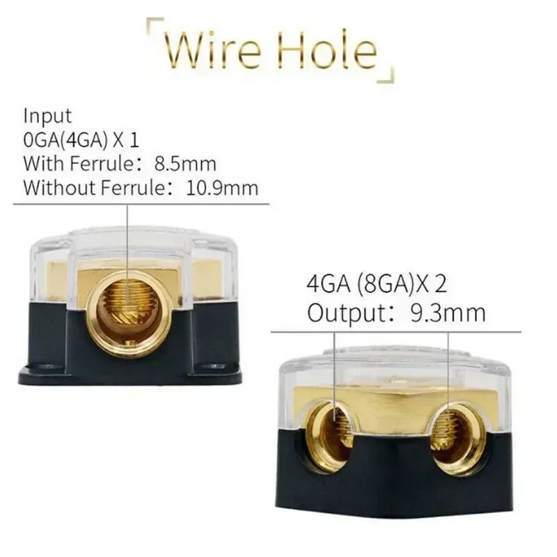 Bloco distribuidor de energia de carro de latão sólido, alto desempenho, 2 vias, cobre, áudio de carro, divisor de energia, calibre 0/4 para carro aud wh
