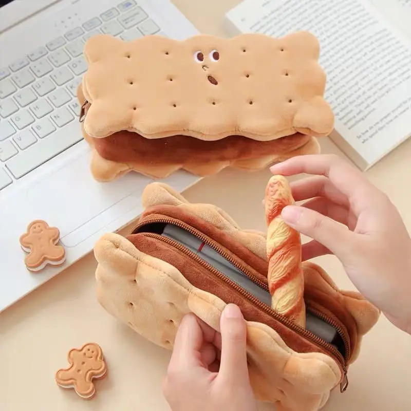 High Capacity Pen Bags Kawaii Pencil Caes Plush Cookies Cute Cartoon Brown Pen Box for Girls 0ffice School Supplies Stationary