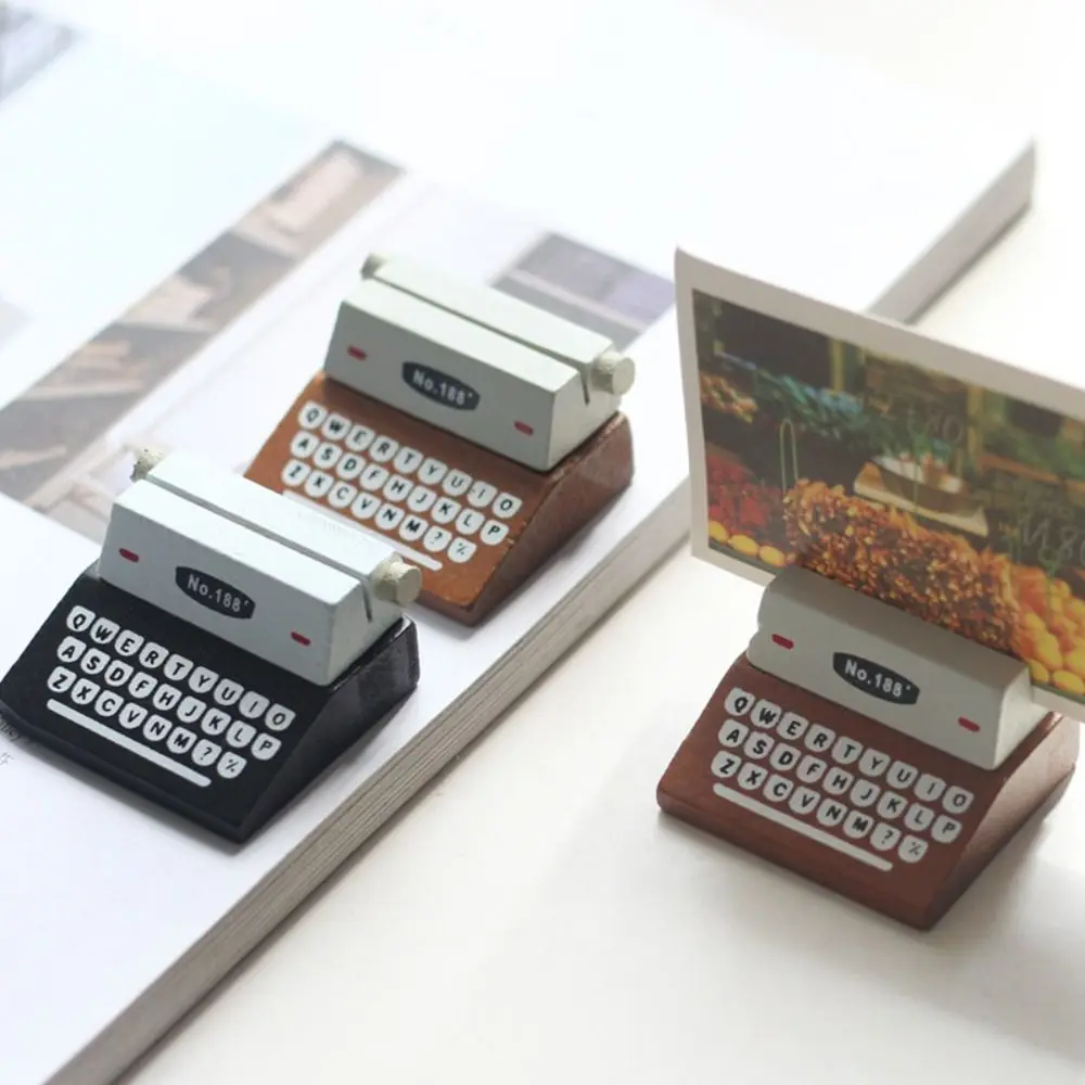 Wood Table Stand Card Holder Note Clip Memo Holder Photo Clips Holder Typewriter Shape Stationery Desktop Ornament Stationery