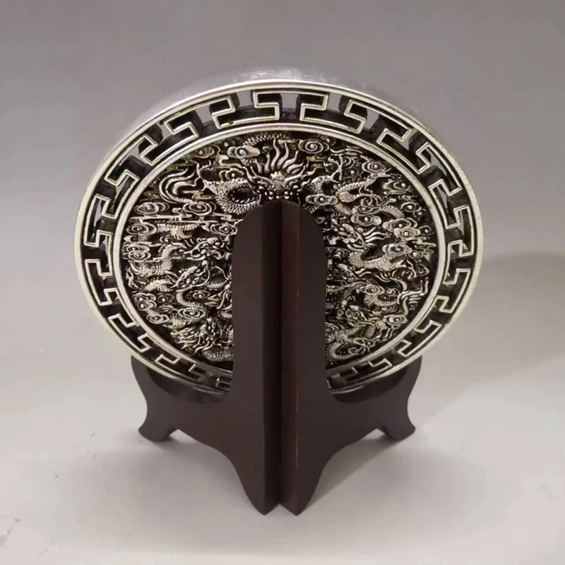 Chinese Tibetan Silver Collection Decoration, Nine-Dragons, Auspicious Clouds Round Plate, Exquisite