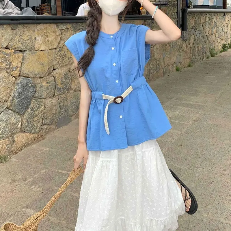 

Fashion Sashes Waist Blouse Summer Korean Solid Color Women's Clothing Flying Sleeve Casual O-Neck Button Basic Pockets Shirts