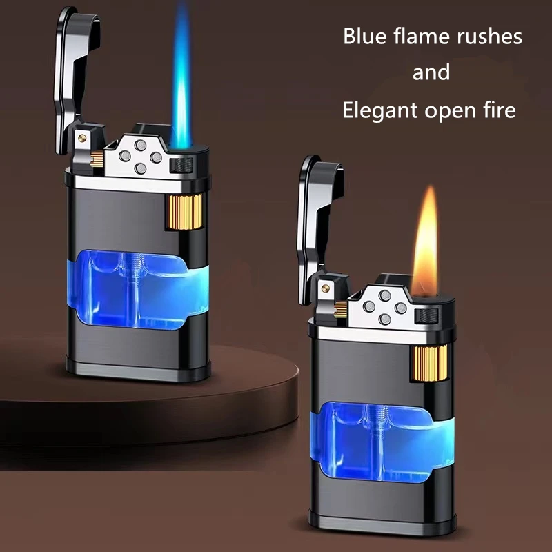 New Transparent Warehouse Flame Gas Lighter Metal Torch Turbo Unusual  Creative Windproof Blue Butane Cigar Lighter Men\'s Gadget