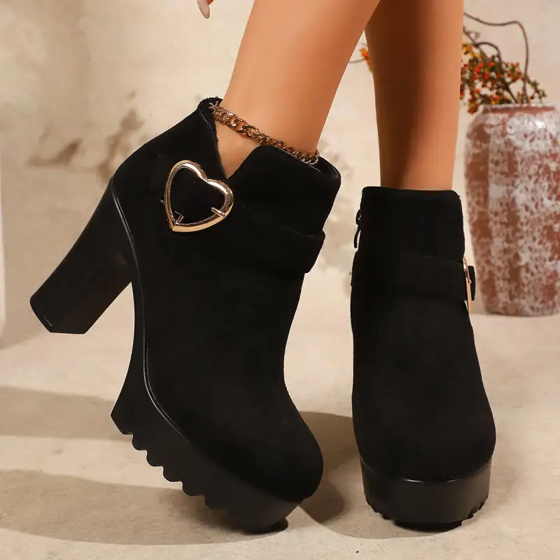 

Luxury Heart Buckle Super High Heel Ankle Boots Women Chunky Platform Black Suede Short Boots Woman 2025 Winter Nightclub Shoes